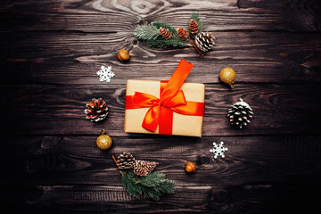 Wall Mural - new year's gift on a wooden background