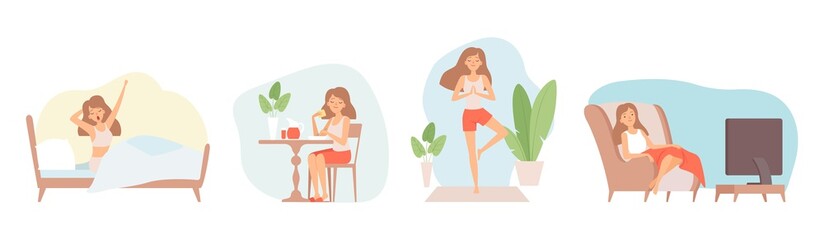 Poster - Weekend relax. Stay at home, isolation period. Single woman eat, watch tv doing yoga vector illustration. Relax lifestyle, sitting relaxation weekend