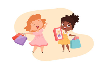 Sticker - Girls with gifts. Happy little princesses with boxes and bags. Cute cartoon afro american baby shopping character. International friendship, kids friends vector illustration. Happy child girls shopper