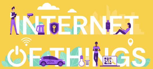 Aufkleber - Internet of things lettering vector illustration. Cartoon flat iot concept with smartphone remote control, using for pc or car, home cloud security and housing system, smart house digital controlling