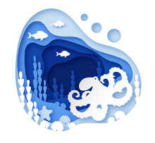 Landscape With An Octopus At The Bottom Of The Ocean With Algae, Fish, Shells And Jellyfish. Marine Multi-layer Design Of The Underwater World. Paper Cut Style. Vector