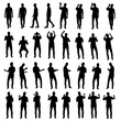 © sharplaninac - Collection of different business man silhouettes. Cheering excited as fan, using touch screen interface or presenting and welcoming.  Easy editable vector isolated on white background.