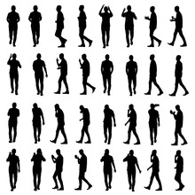 Set Of Many Business People Silhouettes. Walking, Arguing, Using Phone And Couching. Easy Editable Vector Isolated On White Background.