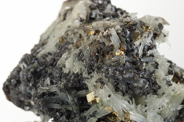 macro mineral stone Quartz Galena Pyrite on a white background