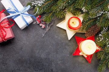 Fototapete - Christmas card with fir tree and candles