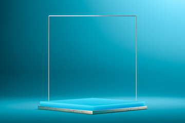 Wall Mural - Foursquare Showcase and Metallic Stand As Frame On Blue Background. Copy Space. Empty Space. 3d Rendering