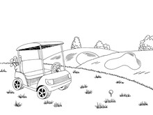 Golf Cart Course Graphic Art Black White Landscape Sketch Illustration Vector