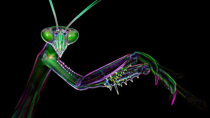 macro photo portrait of a multicolored praying mantis. Gracious insect with giant faceted eyes and strong claws for hunting. neon light effect, black background. Thailand