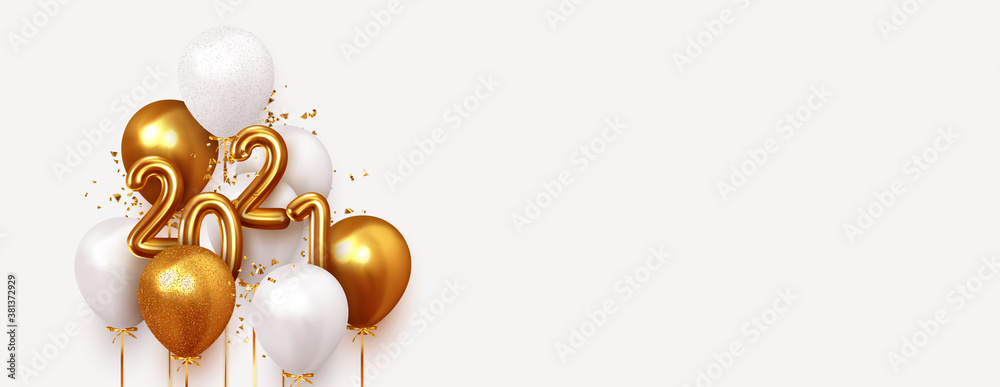 Happy New Year 2021. Realistic gold and white balloons. Background design metallic numbers date 2021 and helium ballon on ribbon, glitter bright confetti. Vector illustration - obrazy, fototapety, plakaty 