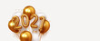 Happy New Year 2021. Realistic gold and white balloons. Background design metallic numbers date 2021 and helium ballon on ribbon, glitter bright confetti. Vector illustration