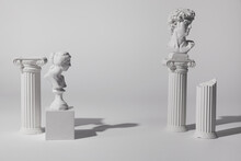 Background For Product Presentation. Antique Columns Ans Statues On White Background