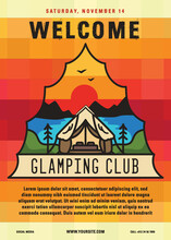Glamping Club Flyer A4 Format. Camping Adventure Poster Graphic Design With Mountains, Glamp Tent, Trees And Text. Stock Vector Retro Card