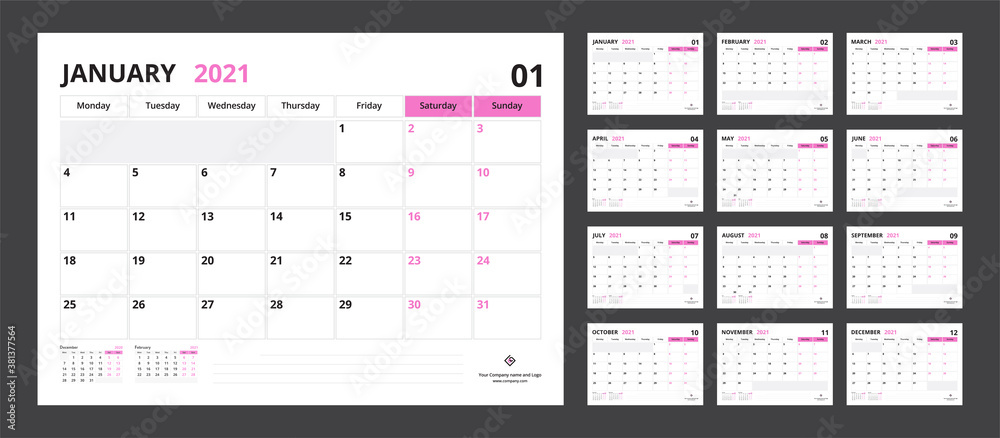 2021 calendar planner set for template corporate design week start on Monday. - obrazy, fototapety, plakaty 