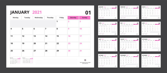 Wall Mural - 2021 calendar planner set for template corporate design week start on Monday.