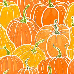 Seamless pattern with hand drawn pumpkin in cartoon style. Cute autumn pattern Seamless textile. design for greeting card and invitation of seasonal fall holidays, halloween, thsanksgiving, harvest