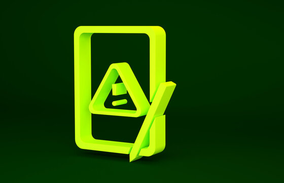 Yellow Graphic tablet with exclamation mark icon isolated on green background. Alert message smartphone notification. Minimalism concept. 3d illustration 3D render.