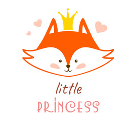Wall Mural - Fox face with quote little princess isolated on white background. Illustration for children. Cute red fox girl with crown. Template for prints, posters, cards, postcardsBaby fox.