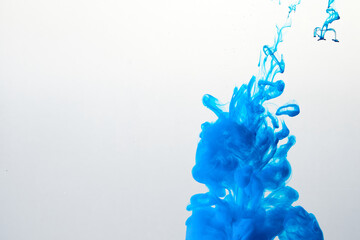 Closeup of a blue ink in water in motion isolated on white. Ink swirling underwater. Colored abstract smoke explosion effect. Abstract background with copy space..