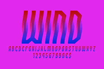 Poster - Wind artistic display font. Wavy red blue letters, numbers and currency signs. Isolated vector english alphabet.
