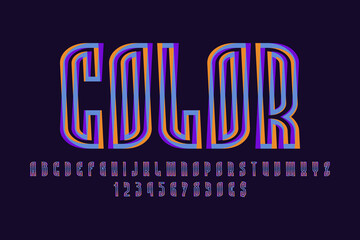 Poster - Color artistic display font. Contour orange blue purple letters, numbers and currency signs. Isolated vector english alphabet.