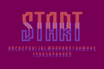 Poster - Start artistic display font. Compound orange blue letters, numbers and currency signs. Isolated vector english alphabet.