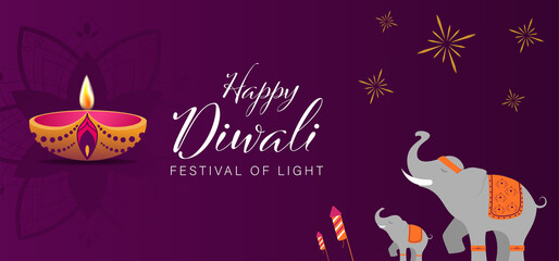 Wall Mural - Happy Diwali or Deepavali Vector Illustration, Indian Festival of Diya Lights Poster Template, Diwali Celebration Flat Design, Suitable For Header Web Flyer and Background