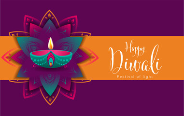 Wall Mural - Happy Diwali or Deepavali Vector Illustration, Indian Festival of Diya Lights Poster Template, Diwali Celebration Flat Design, Suitable For Header Web Flyer and Background