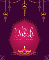 Happy Diwali or Deepavali Vector Illustration, Indian Festival of Diya Lights Poster Template, Diwali Celebration Flat Design, Suitable For Header Web Flyer and Background