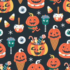 Wall Mural - Seamless pattern for Halloween holiday with cute candy and food. Childish background for fabric, wrapping paper, textile, wallpaper and apparel. Vector Illustration