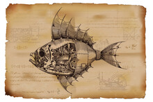 Fish With A Metal Body On Mechanical Control In Steampunk Style On The Background Of Old Crumpled Paper With Drawings, Formulas And Technical Notes.