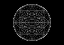 Line Drawing Mandala, Sacred Geometry, White Logo Design Element. Geometric Mystic Mandala Of Alchemy Esoteric Symbol, Vector Illustration Isolated On Black Background
