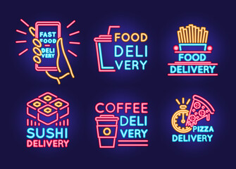 Poster - Food Delivery Neon Color Thin Line Icon Set. Vector