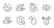 © blankstock - Waterproof, Leaf and Dirty water line icons set. Organic tested, Water drop and Bio tags signs. Lightweight, Travel sea symbols. Plant care, Aqua drop, Bio ingredients. Nature set. Vector