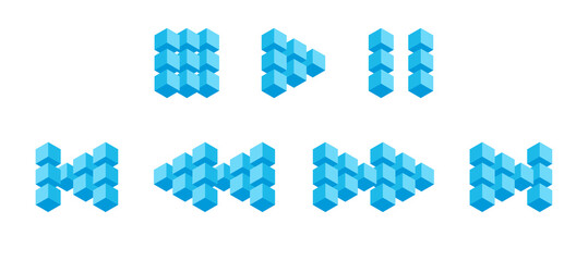 Poster - Multimedia interface buttons from 3D cubes, volumetric buttons from blue squares. Forward, backward, rewind, next, previous, right, left button for digital media. Vector illustration