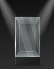 Glass showcase. Transparent plastic empty square box under spotlights realistic mockup. Museum exposition stand container for presentation product and exhibition vector 3d template