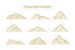 Collection of mountain shapes icons isolated on white background. Line art design. Vector flat illustration. 