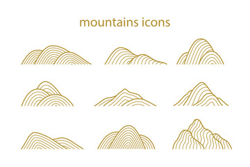 collection of mountain shapes icons isolated on white background. line art design. vector flat illus