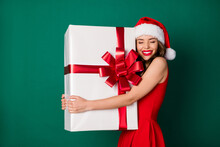 Photo Positive Stunning Charming Chic Cute Lovely Girl In Santa Claus Headwear Cap Hug Embrace Enjoy Big X-mas Fairy Magic Miracle Gift Box Wear Skirt Isolated Green Color Background