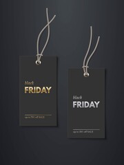 Poster - Black price tags with sale mockup template set. Rectangle cards with grey strings for clothes with gold and silver text. Stickers on black background vector illustration. Realistic design
