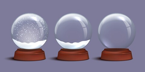 Wall Mural - Snow globe templates. Empty glass snow globe and snow globes with snow on violet background. Vector Christmas and New Year design elements.