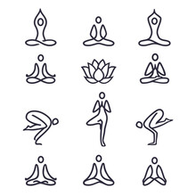 Yoga Icons And Logos Set - Graphic Design Elements In Outline Style For Spa Center, Fitness Or Yoga Studio Yoga. Set Of Line Icons And Symbols. Vector Illustration.