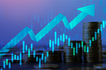 Poster - Increasing Arrow And Coins Over Blue Background With Economics Graph