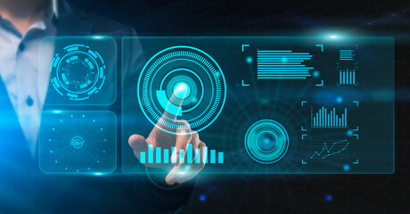 Poster - Unrecognizable man touching virtual panel with finger