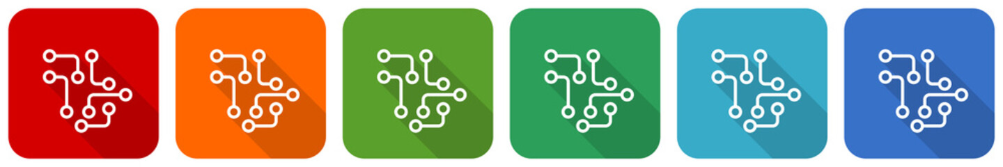 Leinwandbilder - Circuit, technology, chip, processor icon set, flat design vector illustration in 6 colors options for webdesign and mobile applications