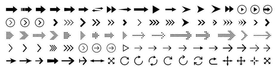 Poster - Arrows set of black icons. Arrow icon vector illustration. Various arrows isolated with the ability to change the thickness and dimensions of the arrow elements. Vector illustration