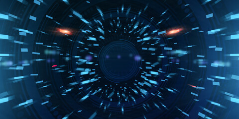 Poster - Abstract technological background with flying geometric elements and digital interface circle