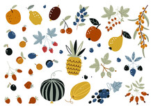 Autumn Harvest Of Fruits, Berries And Vegetables In Flat Style Isolated On White Background. Cute Freehand Drawings To Create A Poster Or Card. Doodle Fruits. Vector Hand Drawn Scandinavian Style.