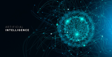 Aufkleber - Deep Learning. Artificial Intelligence Futuristic Background With Neural Lines And Dots