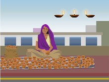 Vector Illustration Of Indian Women Selling Earthen Oil Lamps