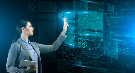 Poster - Business Innovations. Businesswoman Pressing Button On Digiutal Virtual Screen Interface With Infographic